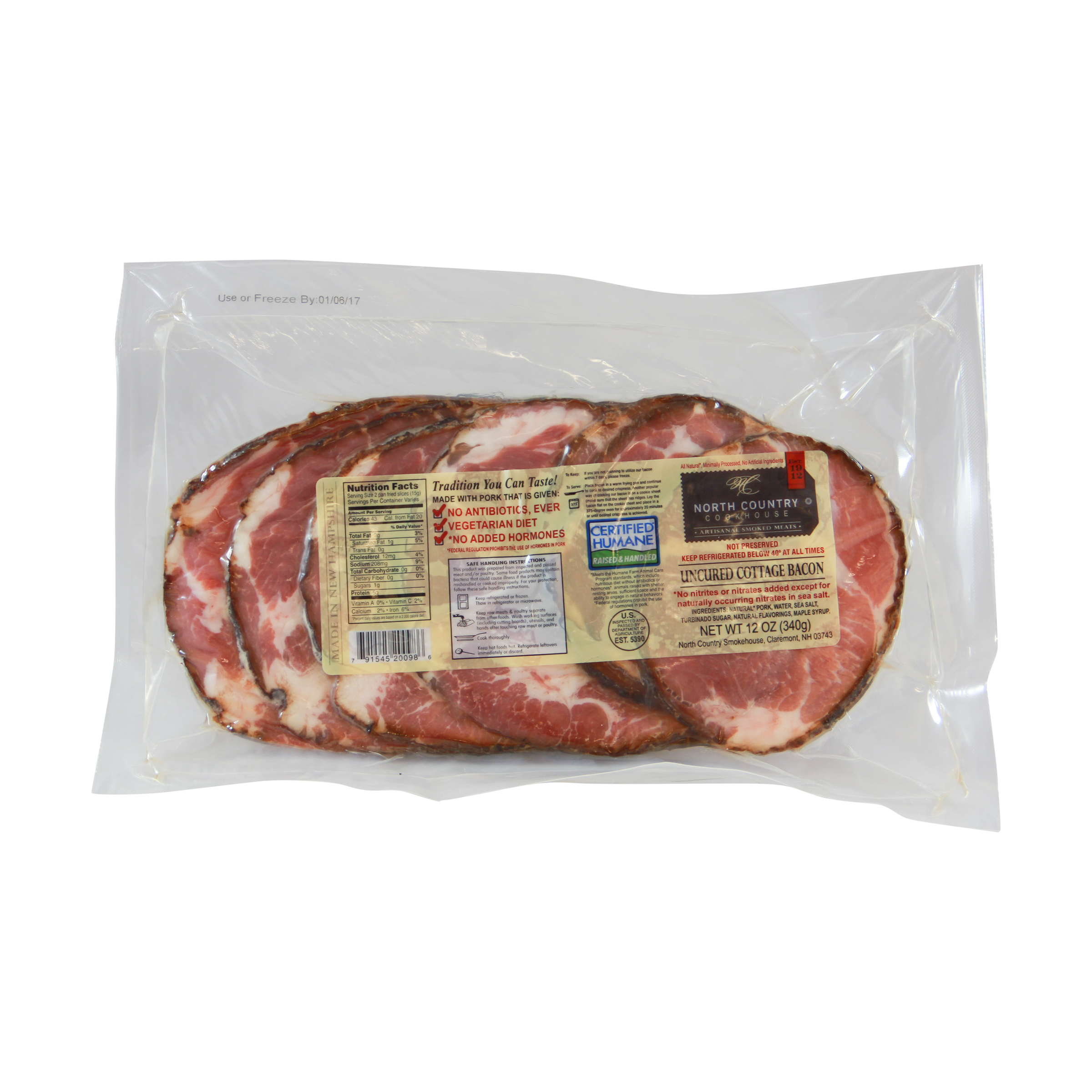 Uncured Cottage Bacon 12 Oz North Country Smokehouse Whole